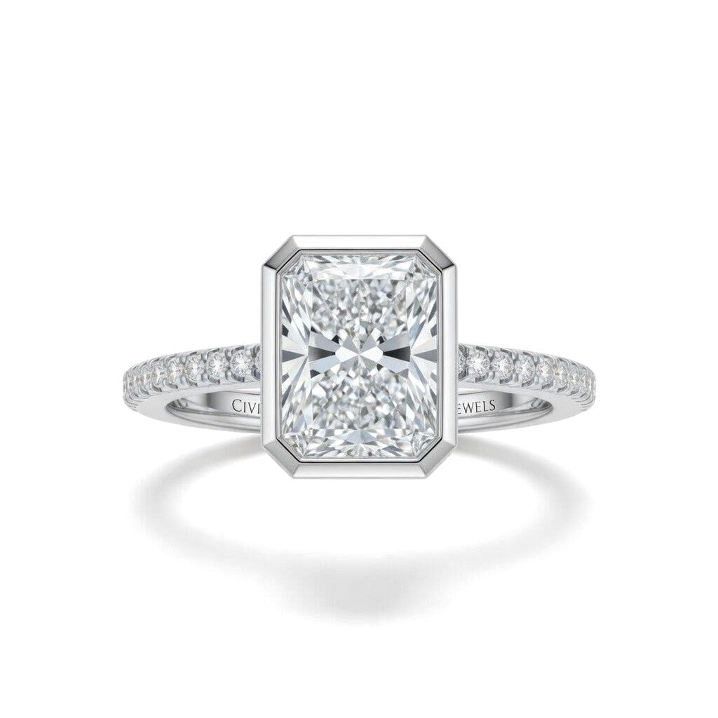 Silver Radiant Cut Bezel Set Solitaire With Diamond Pavé Classic Band Engagement Ring