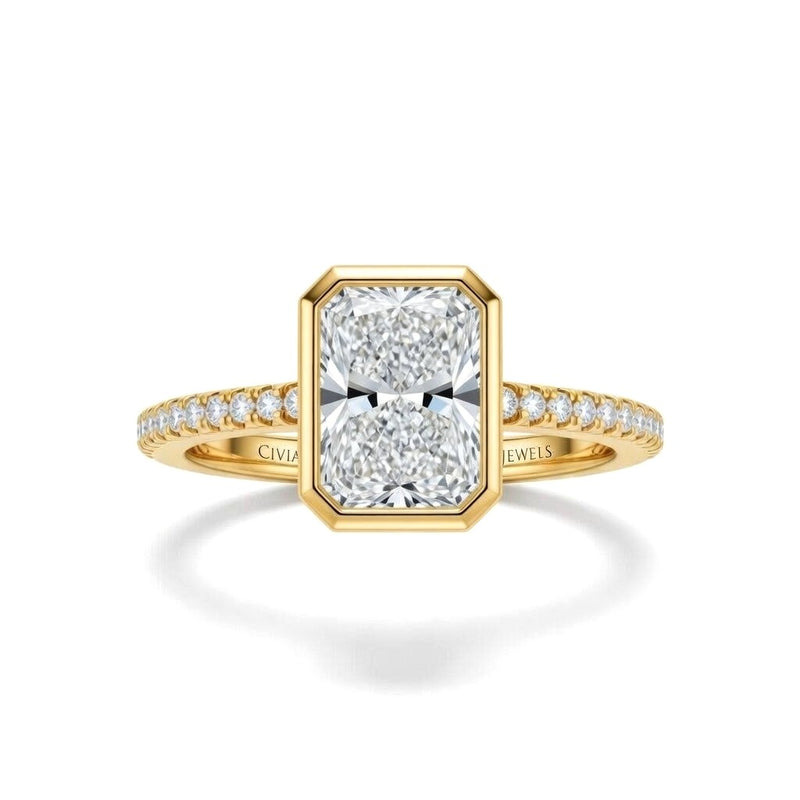 Yellow Gold Radiant Cut Bezel Set Solitaire With Diamond Pavé Classic Band Engagement Ring