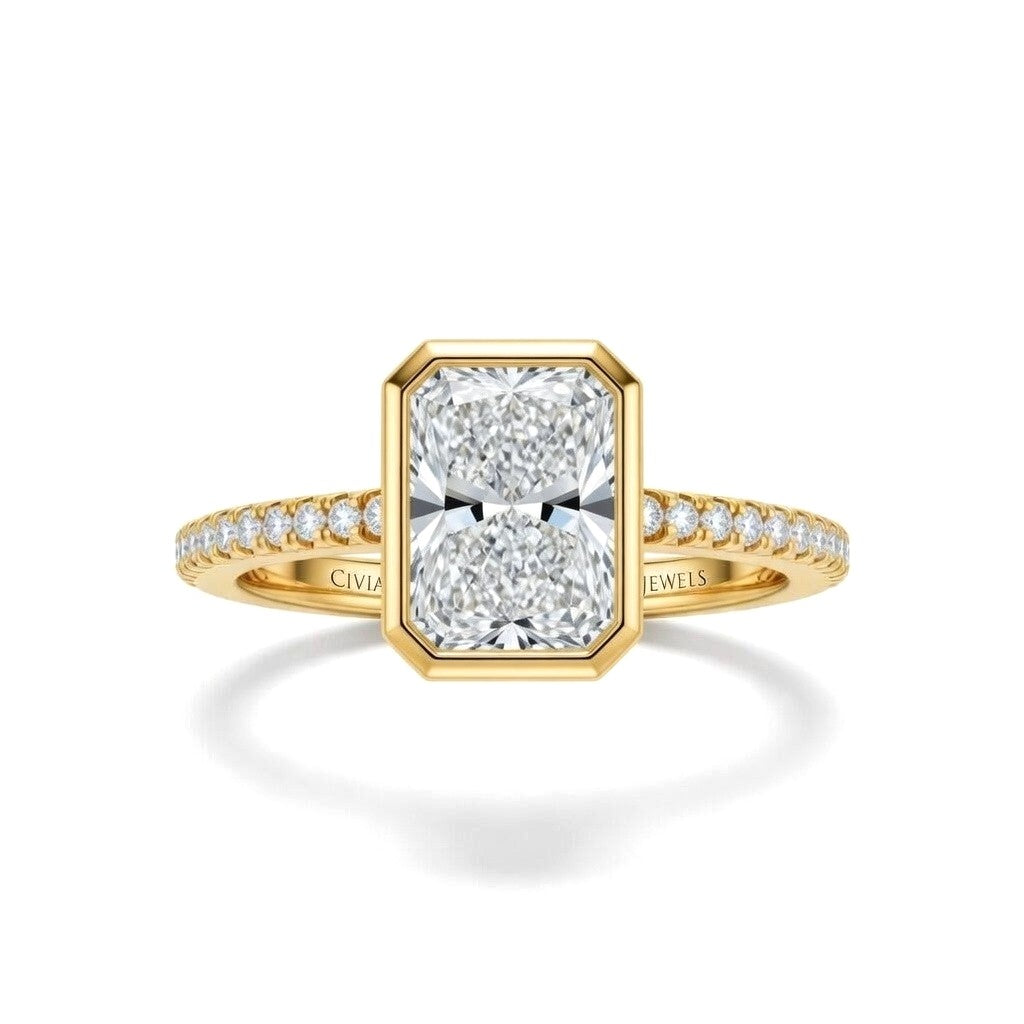 Yellow Gold Radiant Cut Bezel Set Solitaire With Diamond Pavé Classic Band Engagement Ring
