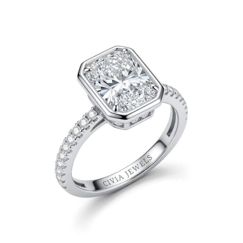 White Gold Radiant Cut Bezel Set Solitaire With Diamond Pavé Classic Band Engagement Ring