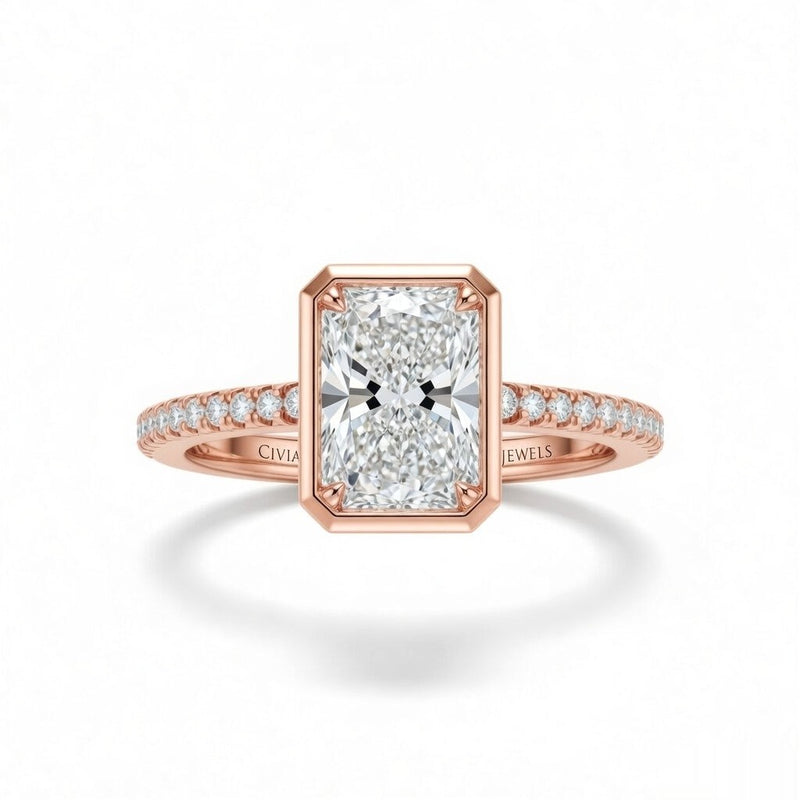 Rose Gold Radiant Cut Bezel Set Solitaire With Diamond Pavé Classic Band Engagement Ring
