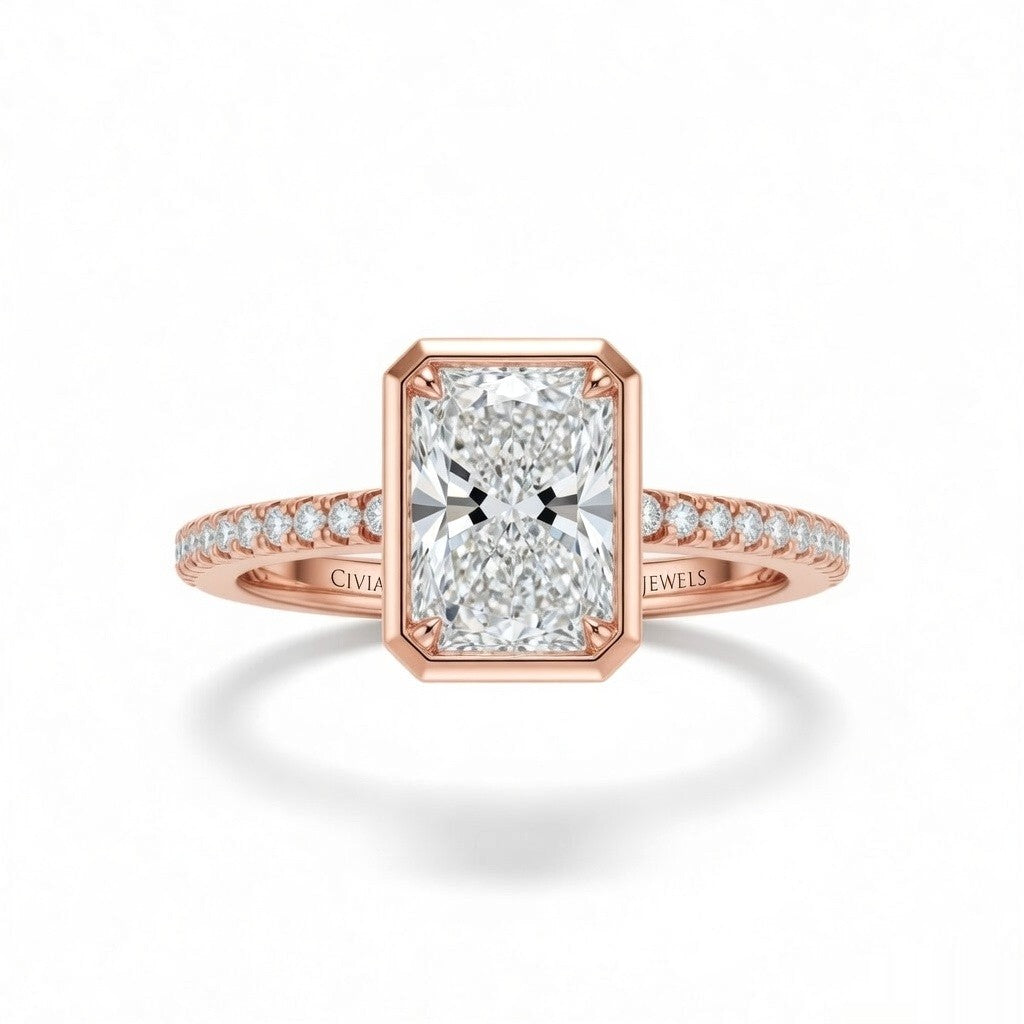 Rose Gold Radiant Cut Bezel Set Solitaire With Diamond Pavé Classic Band Engagement Ring