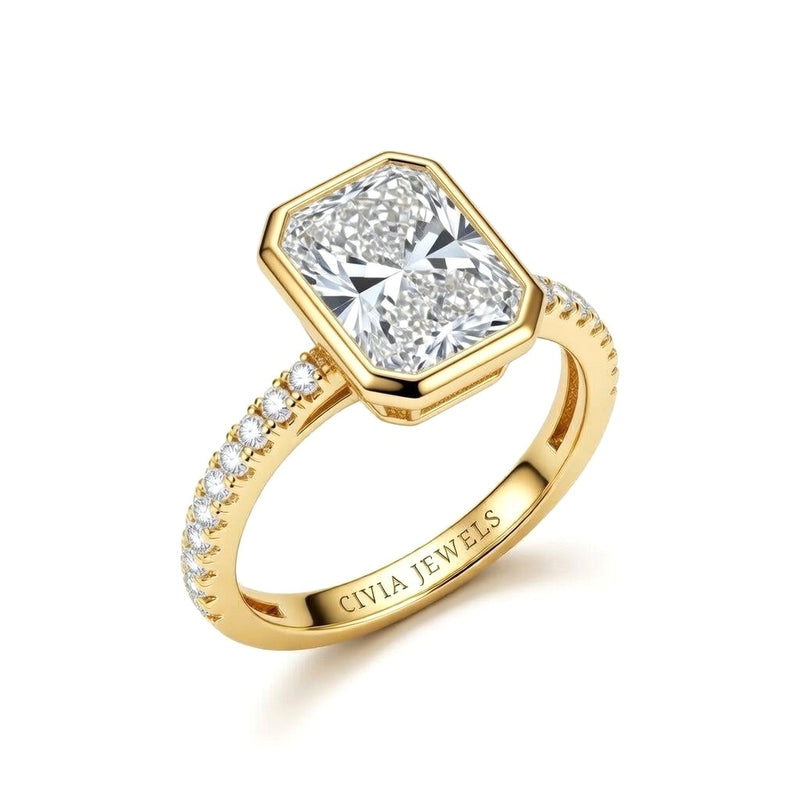 Yellow Gold Radiant Cut Bezel Set Solitaire With Diamond Pavé Classic Band Engagement Ring