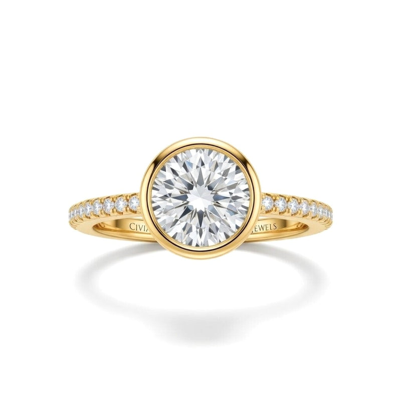 Yellow Gold Round Cut Bezel Set Solitaire With Diamond Pavé Classic Band Engagement Ring