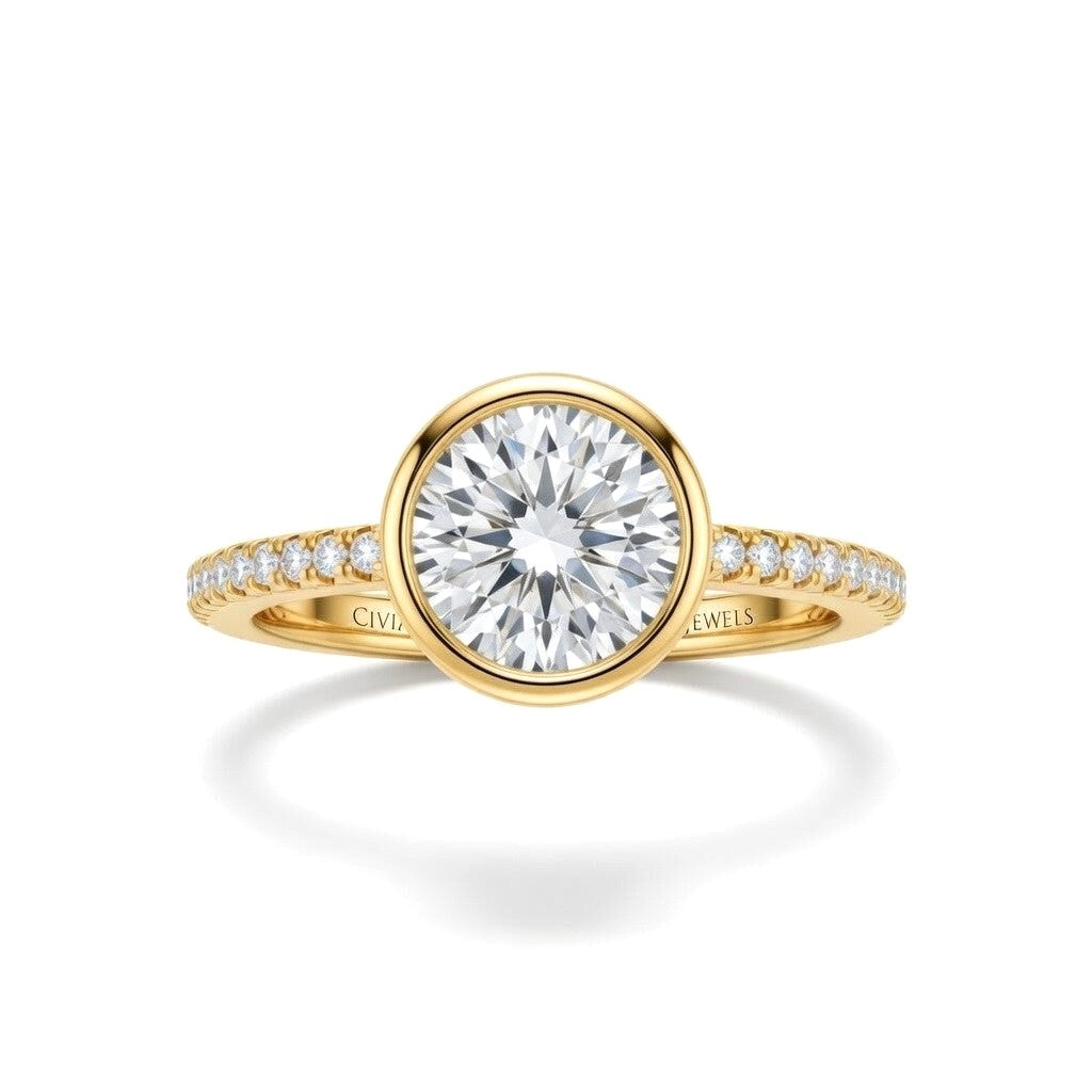Yellow Gold Round Cut Bezel Set Solitaire With Diamond Pavé Classic Band Engagement Ring