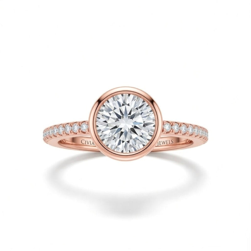 Rose Gold Round Cut Bezel Set Solitaire With Diamond Pavé Classic Band Engagement Ring