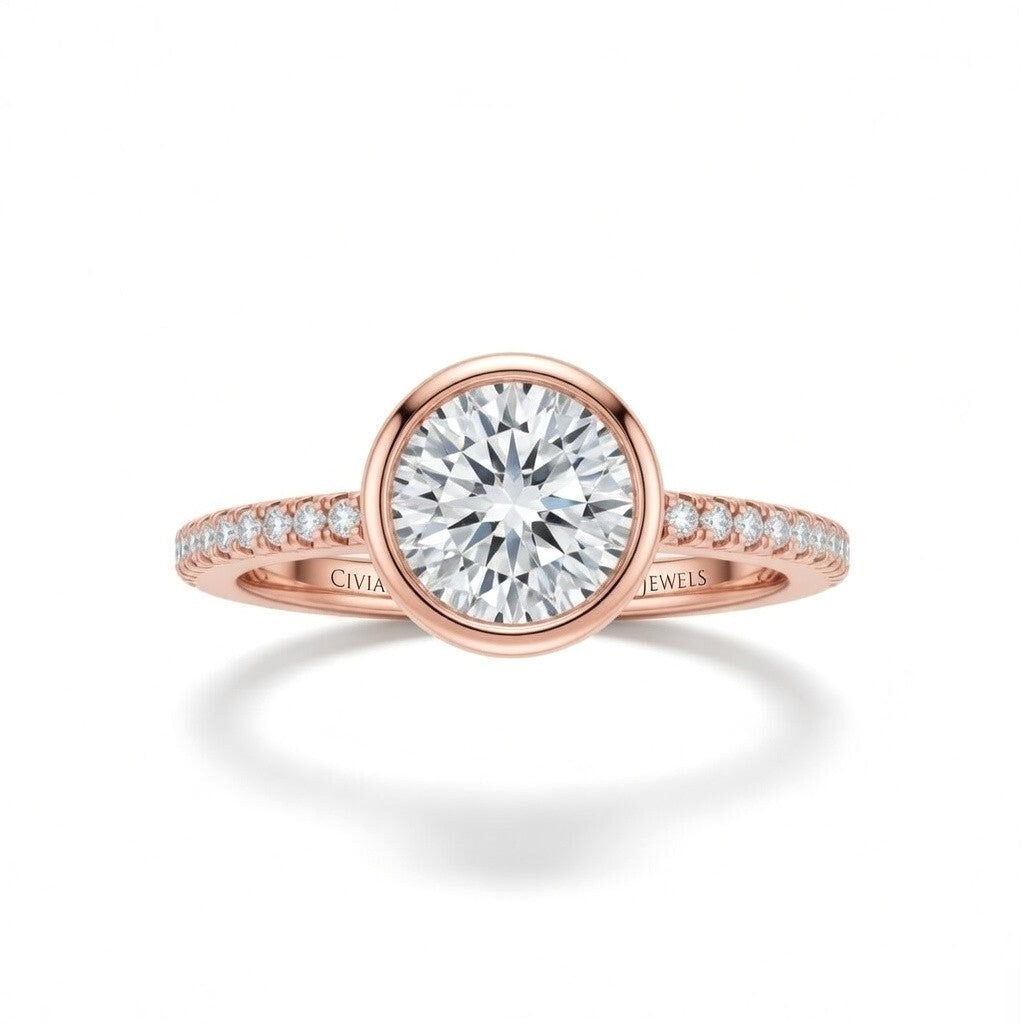 Rose Gold Round Cut Bezel Set Solitaire With Diamond Pavé Classic Band Engagement Ring
