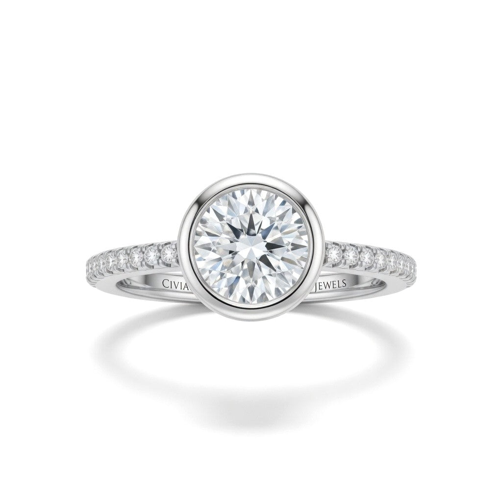 White Gold Round Cut Bezel Set Solitaire With Diamond Pavé Classic Band Engagement Ring