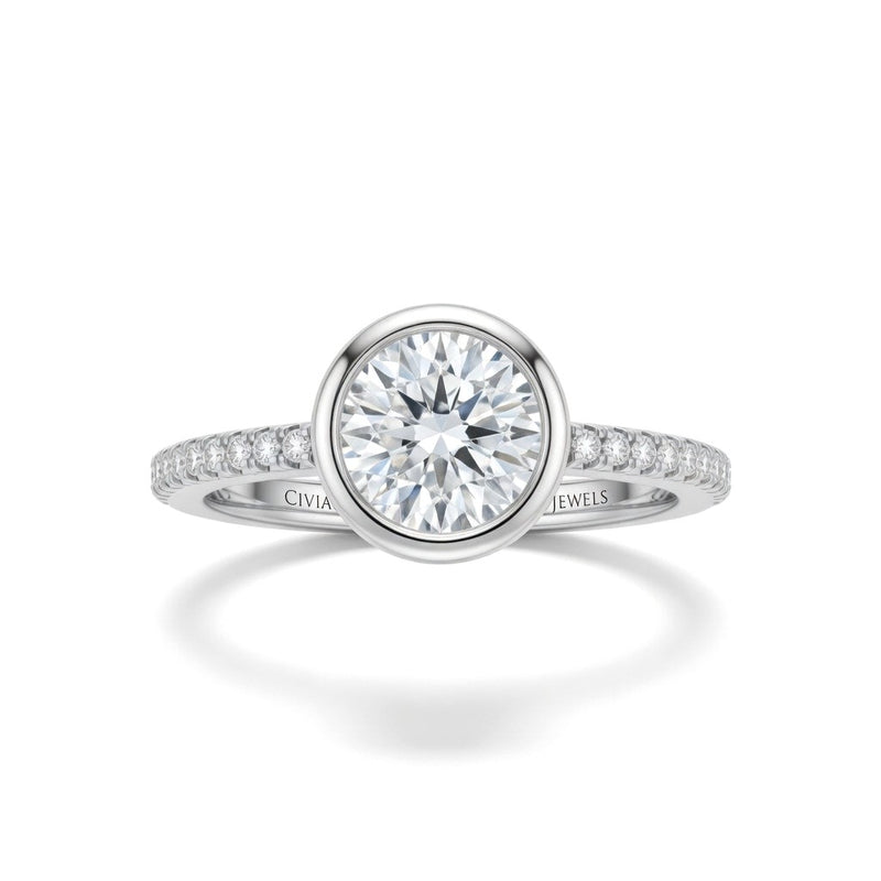 Silver Round Cut Bezel Set Solitaire With Diamond Pavé Classic Band Engagement Ring