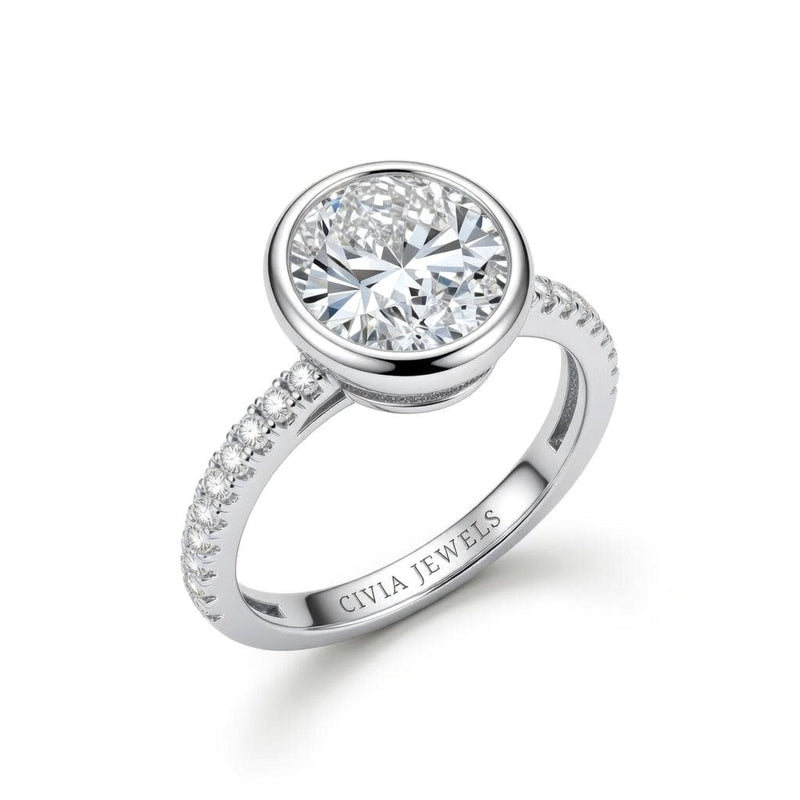 White Gold Round Cut Bezel Set Solitaire With Diamond Pavé Classic Band Engagement Ring