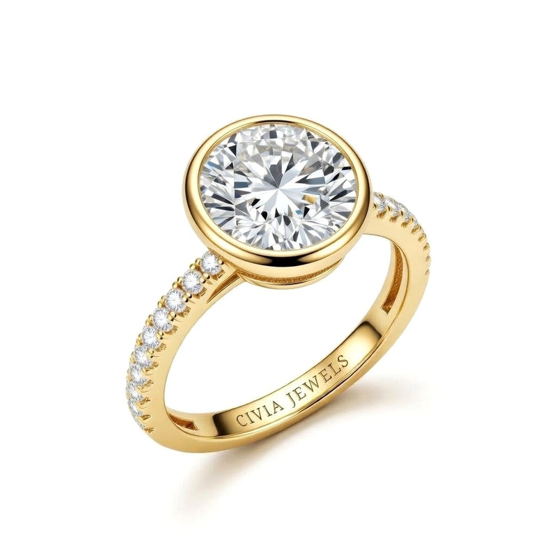 Yellow Gold Round Cut Bezel Set Solitaire With Diamond Pavé Classic Band Engagement Ring