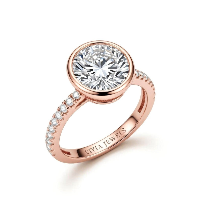 Rose Gold Round Cut Bezel Set Solitaire With Diamond Pavé Classic Band Engagement Ring