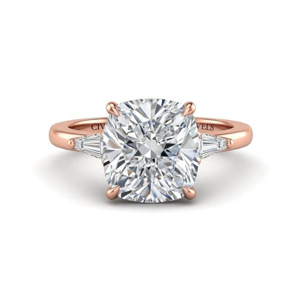 Rose Gold Cushion Cut Three Stone Engagement Ring With Tapered Baguette Side Diamonds And Classic Four Prong Setting