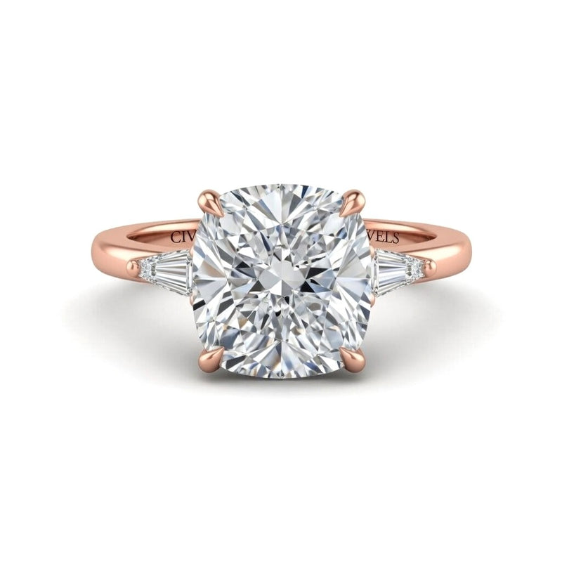Rose Gold Cushion Cut Three Stone Engagement Ring With Tapered Baguette Side Diamonds And Classic Four Prong Setting