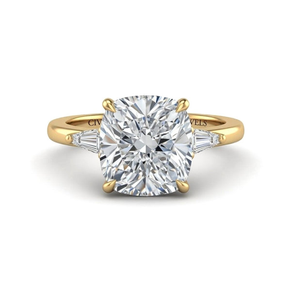 Yellow Gold Cushion Cut Three Stone Engagement Ring With Tapered Baguette Side Diamonds And Classic Four Prong Setting