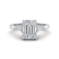 White Gold Emerald Cut Three Stone Engagement Ring With Tapered Baguette Side Diamonds And Classic Four Prong Setting