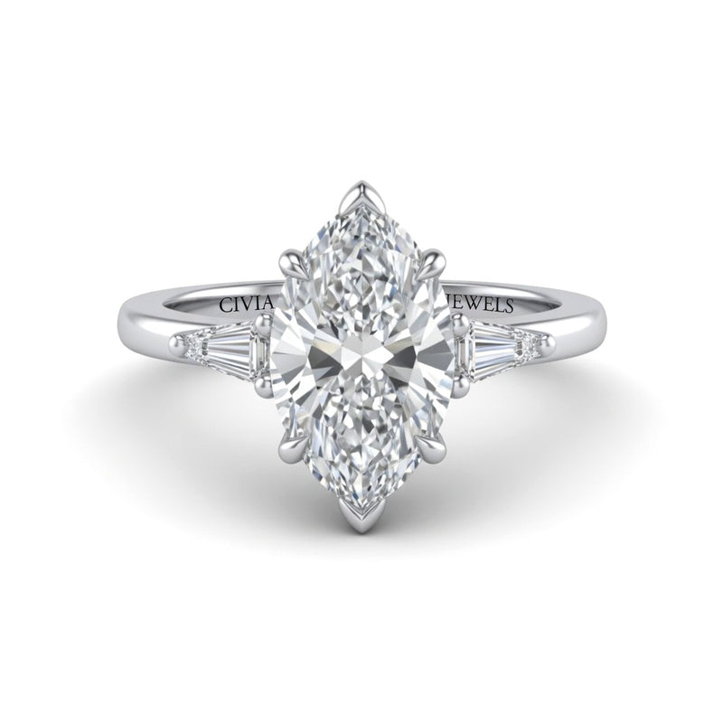 Silver Marquise Cut Three Stone Engagement Ring With Tapered Baguette Side Diamonds And Classic Four Prong Setting