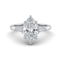 Silver Marquise Cut Three Stone Engagement Ring With Tapered Baguette Side Diamonds And Classic Four Prong Setting