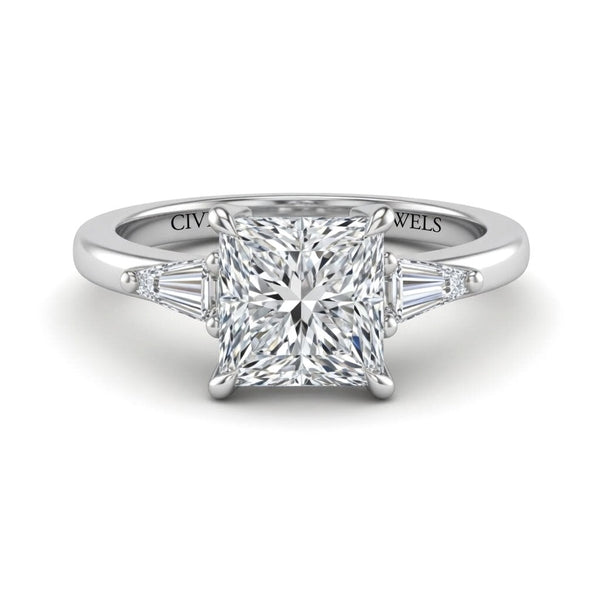 Silver Princess Cut Three Stone Engagement Ring With Tapered Baguette Side Diamonds And Classic Four Prong Setting