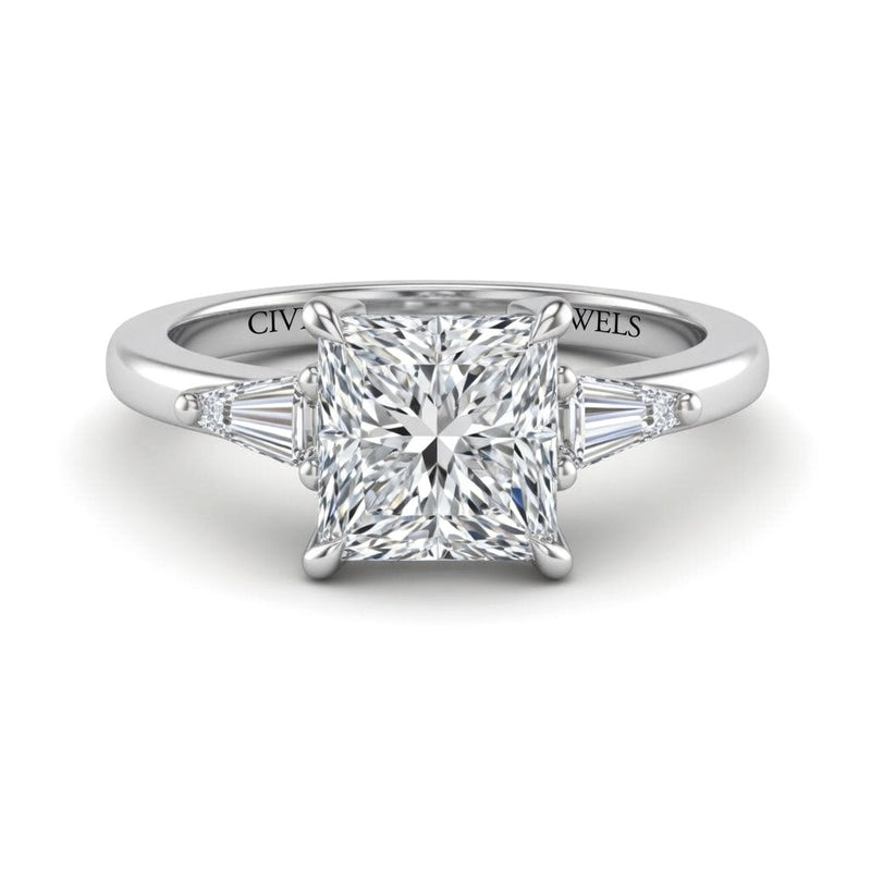 Silver Princess Cut Three Stone Engagement Ring With Tapered Baguette Side Diamonds And Classic Four Prong Setting