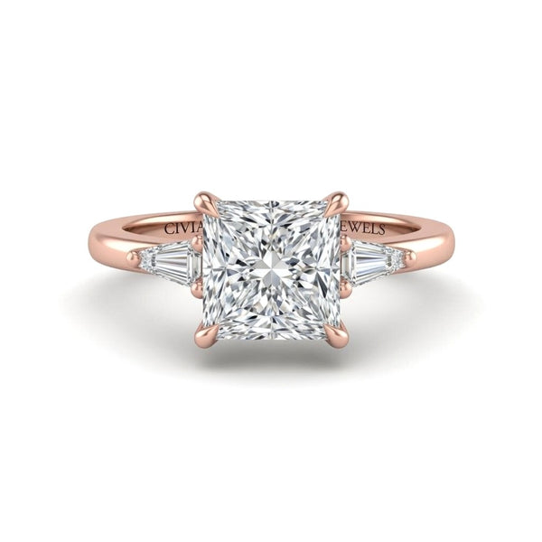 Rose Gold Princess Cut Three Stone Engagement Ring With Tapered Baguette Side Diamonds And Classic Four Prong Setting