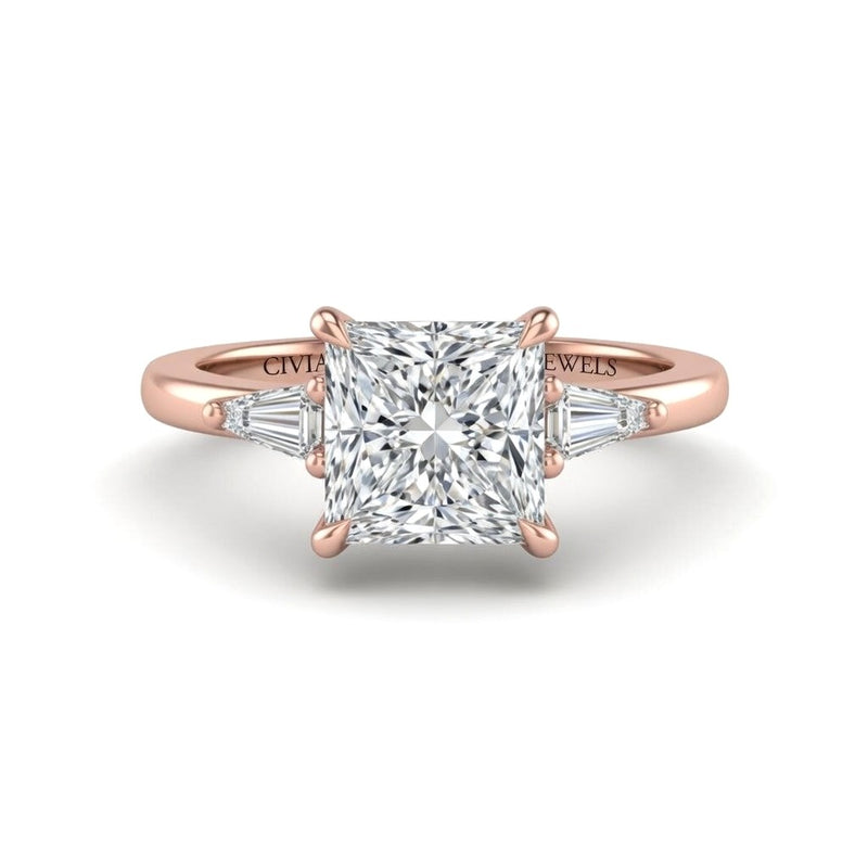 Rose Gold Princess Cut Three Stone Engagement Ring With Tapered Baguette Side Diamonds And Classic Four Prong Setting