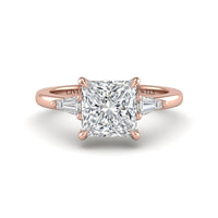 Rose Gold Princess Cut Three Stone Engagement Ring With Tapered Baguette Side Diamonds And Classic Four Prong Setting
