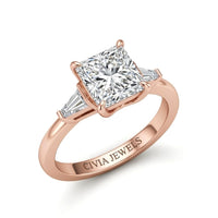 Rose Gold Princess Cut Three Stone Engagement Ring With Tapered Baguette Side Diamonds And Classic Four Prong Setting