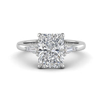 Silver Radiant Cut Three Stone Engagement Ring With Tapered Baguette Side Diamonds And Classic Four Prong Setting