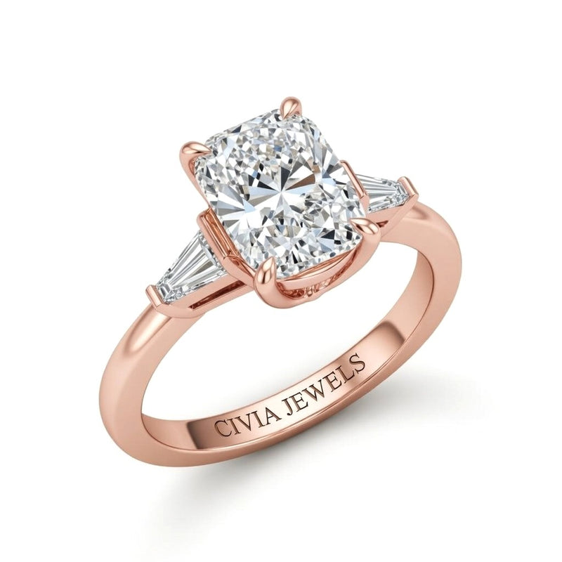 Rose Gold Radiant Cut Three Stone Engagement Ring With Tapered Baguette Side Diamonds And Classic Four Prong Setting