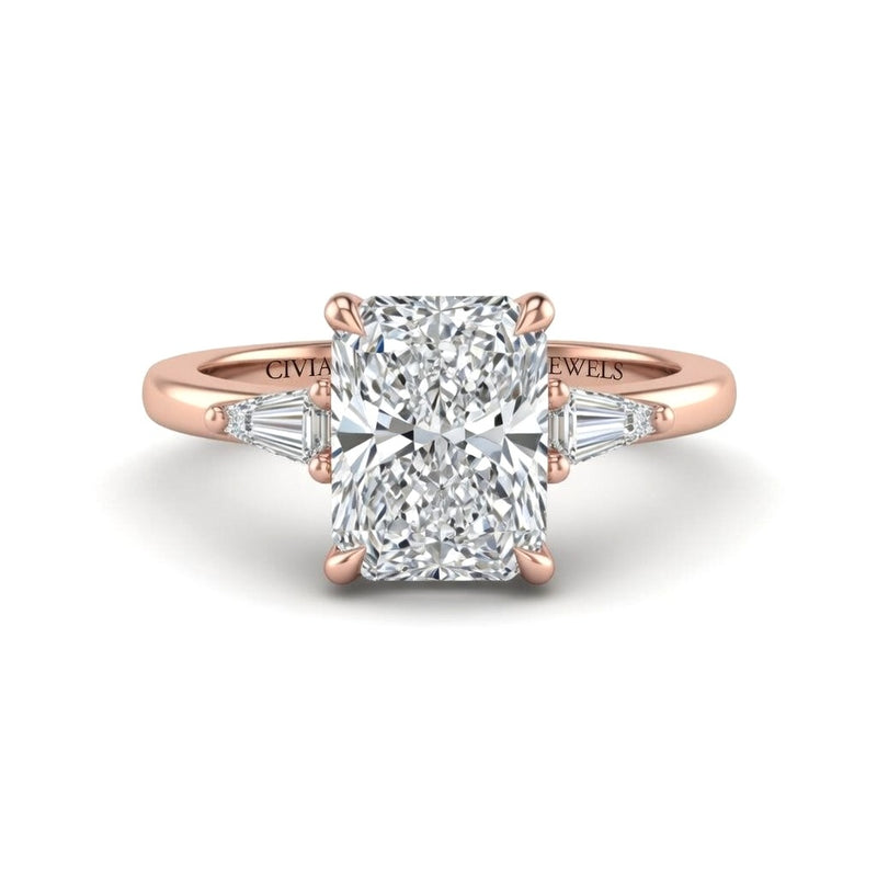 Rose Gold Radiant Cut Three Stone Engagement Ring With Tapered Baguette Side Diamonds And Classic Four Prong Setting
