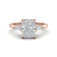Rose Gold Radiant Cut Three Stone Engagement Ring With Tapered Baguette Side Diamonds And Classic Four Prong Setting