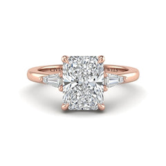 Rose Gold Radiant Cut Three Stone Engagement Ring With Tapered Baguette Side Diamonds And Classic Four Prong Setting