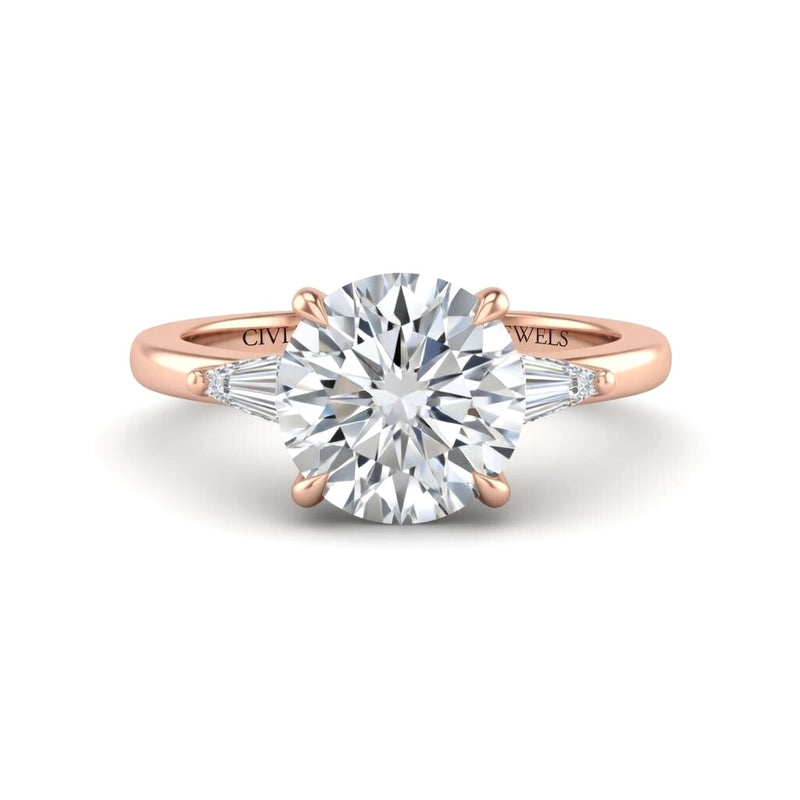 Rose Gold Round Cut Three Stone Engagement Ring With Tapered Baguette Side Diamonds And Classic Four Prong Setting