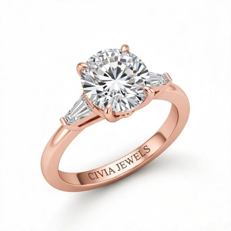 Rose Gold Round Cut Three Stone Engagement Ring With Tapered Baguette Side Diamonds And Classic Four Prong Setting