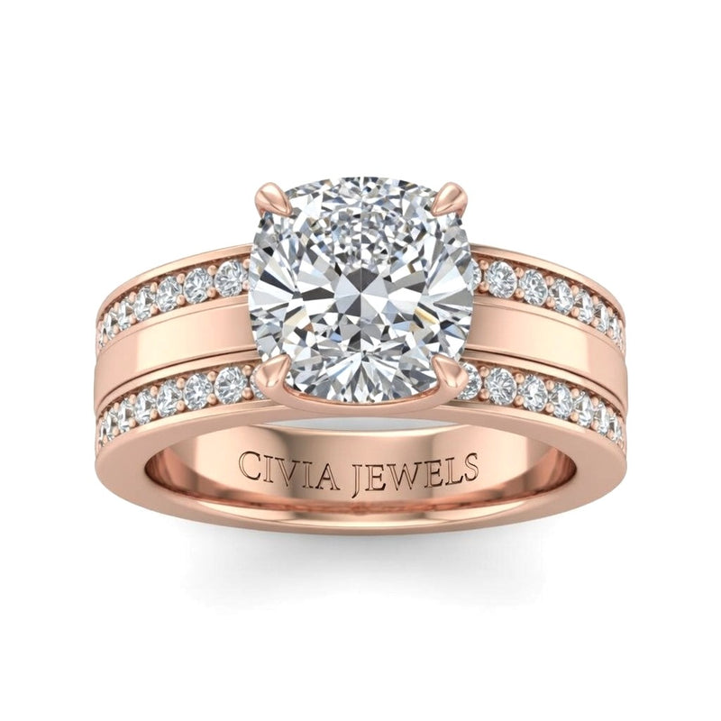Rose Gold Cushion Diamond Multirow Engagement Ring With Four Prong Setting And Pavé Side Bands