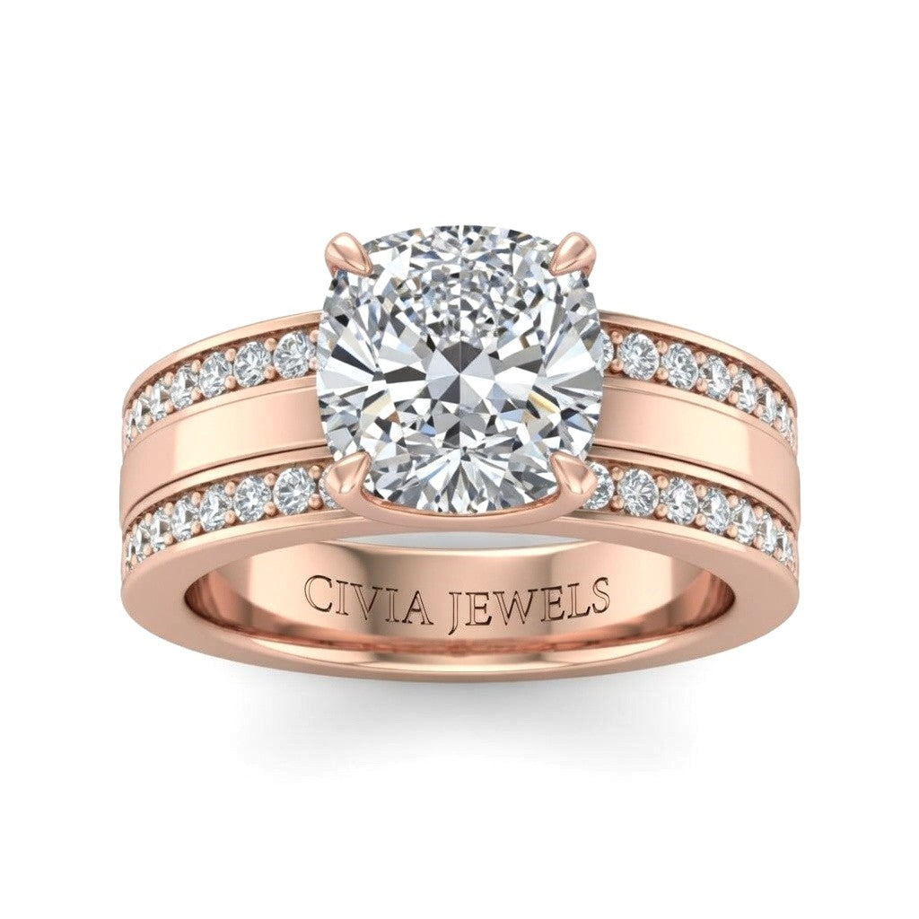 Rose Gold Cushion Diamond Multirow Engagement Ring With Four Prong Setting And Pavé Side Bands