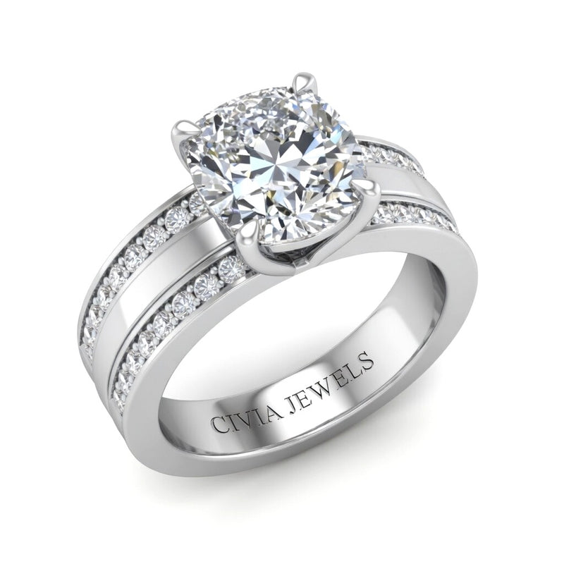 Silver Cushion Diamond Multirow Engagement Ring With Four Prong Setting And Pavé Side Bands