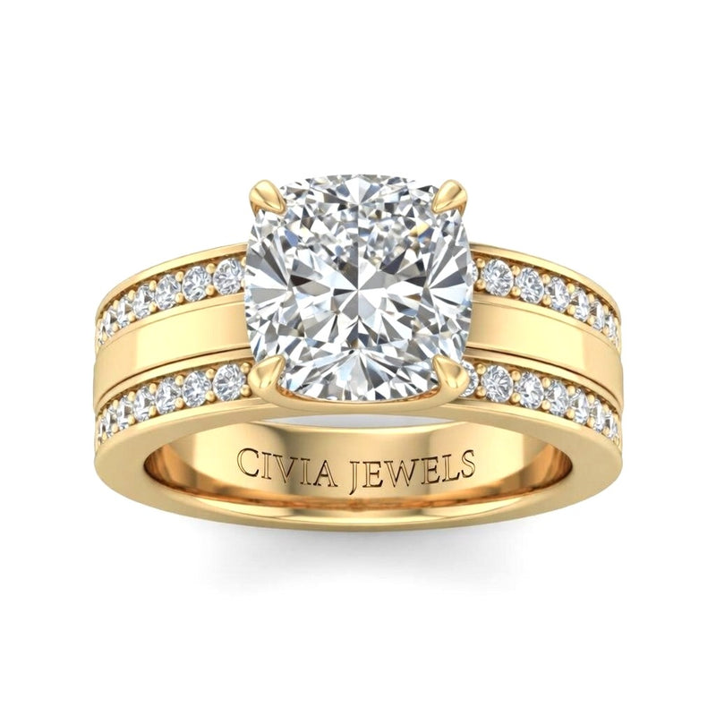 Yellow Gold Cushion Diamond Multirow Engagement Ring With Four Prong Setting And Pavé Side Bands
