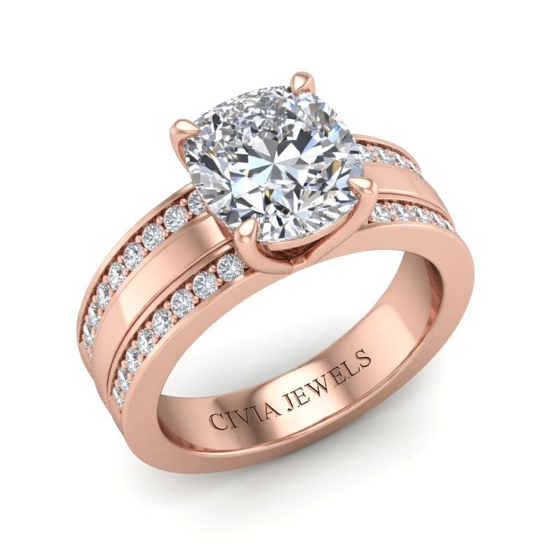 Rose Gold Cushion Diamond Multirow Engagement Ring With Four Prong Setting And Pavé Side Bands