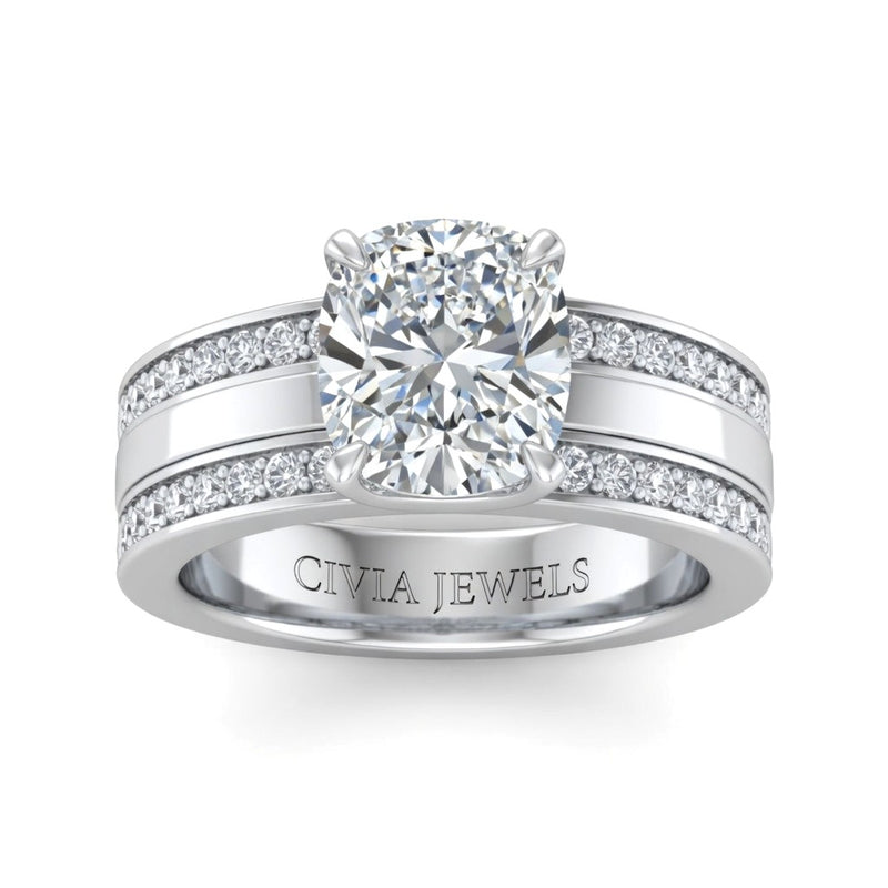 Silver Cushion Diamond Multirow Engagement Ring With Four Prong Setting And Pavé Side Bands