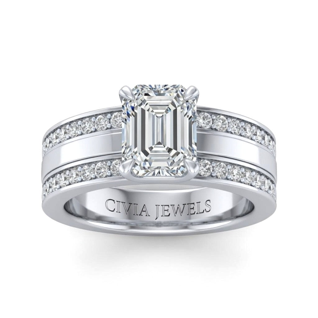 White Gold Emerald Diamond Multirow Engagement Ring With Four Prong Setting And Pavé Side Bands