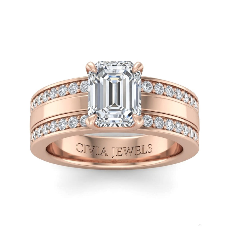 Rose Gold Emerald Diamond Multirow Engagement Ring With Four Prong Setting And Pavé Side Bands