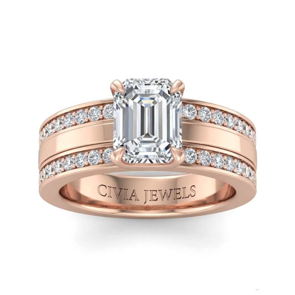 Rose Gold Emerald Diamond Multirow Engagement Ring With Four Prong Setting And Pavé Side Bands