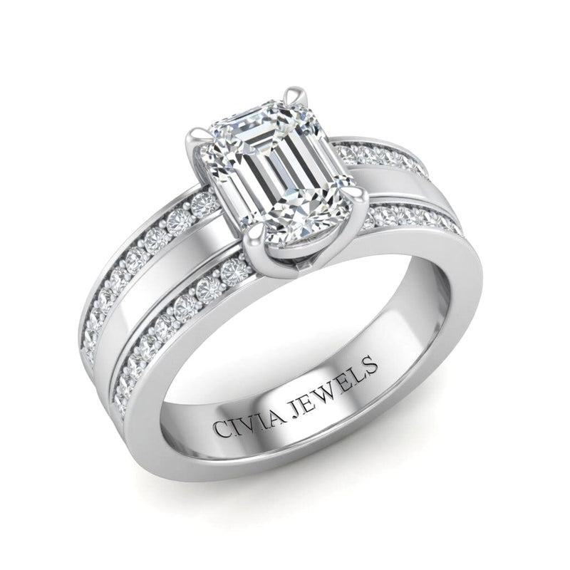 White Gold Emerald Diamond Multirow Engagement Ring With Four Prong Setting And Pavé Side Bands