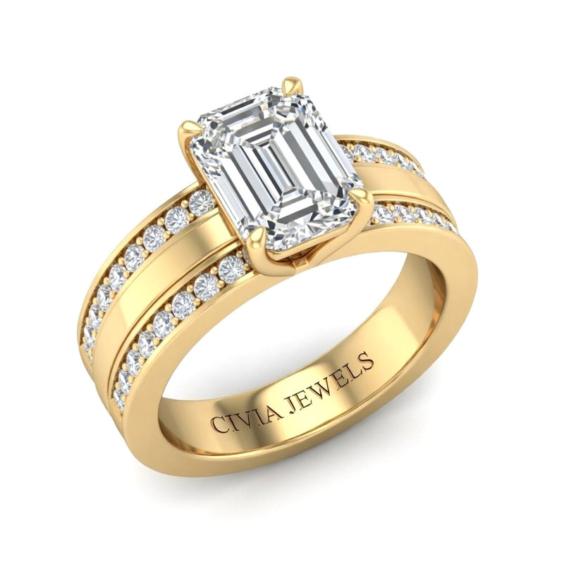 Yellow Gold Emerald Diamond Multirow Engagement Ring With Four Prong Setting And Pavé Side Bands