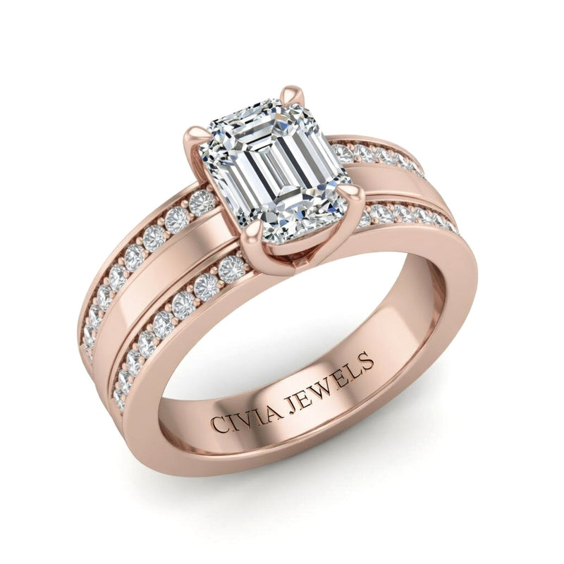 Rose Gold Emerald Diamond Multirow Engagement Ring With Four Prong Setting And Pavé Side Bands