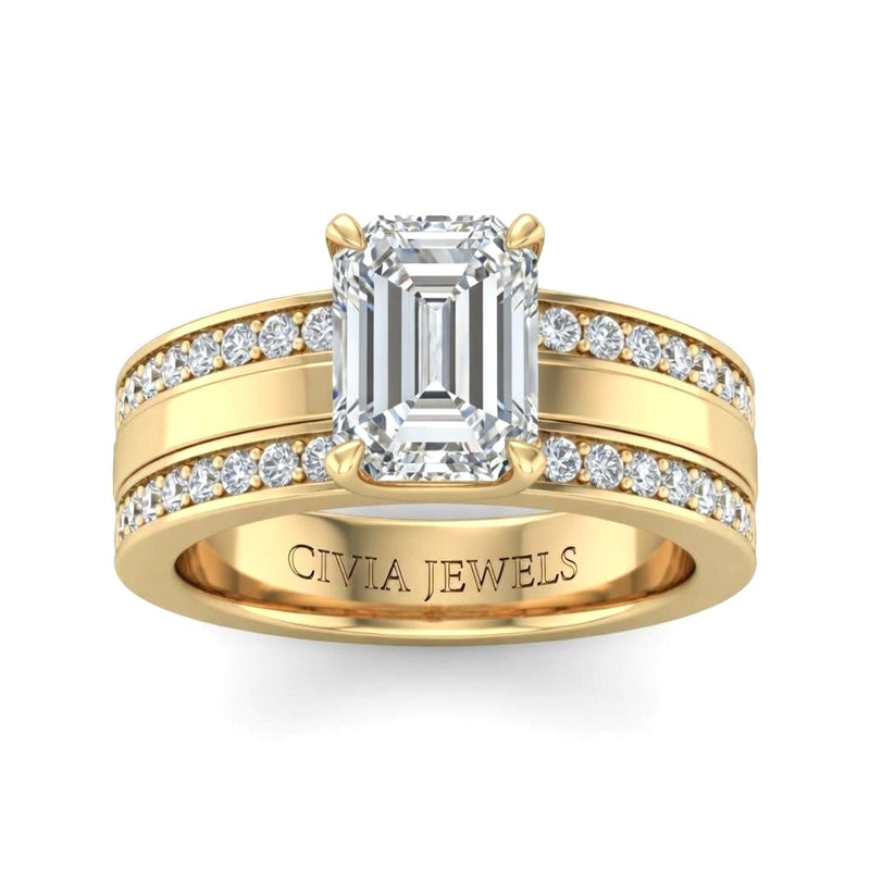 Yellow Gold Emerald Diamond Multirow Engagement Ring With Four Prong Setting And Pavé Side Bands