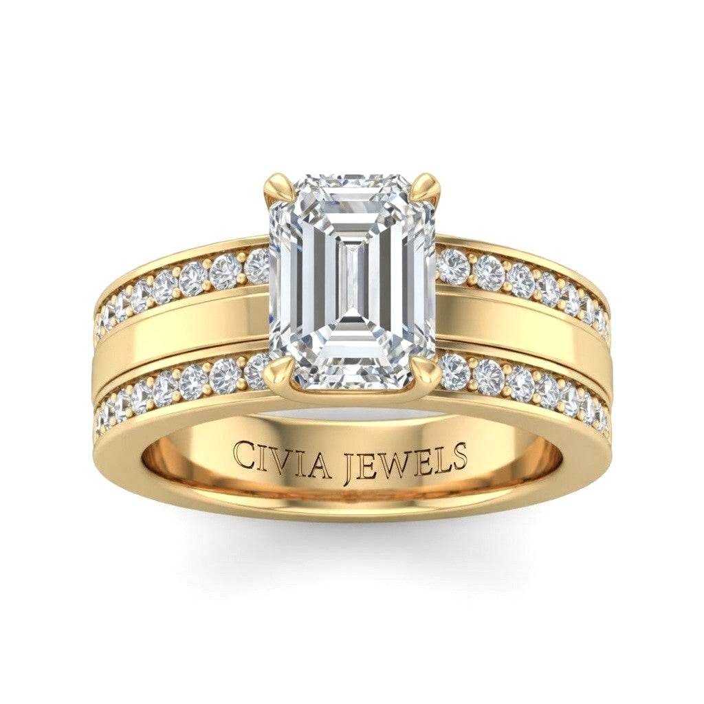 Yellow Gold Emerald Diamond Multirow Engagement Ring With Four Prong Setting And Pavé Side Bands