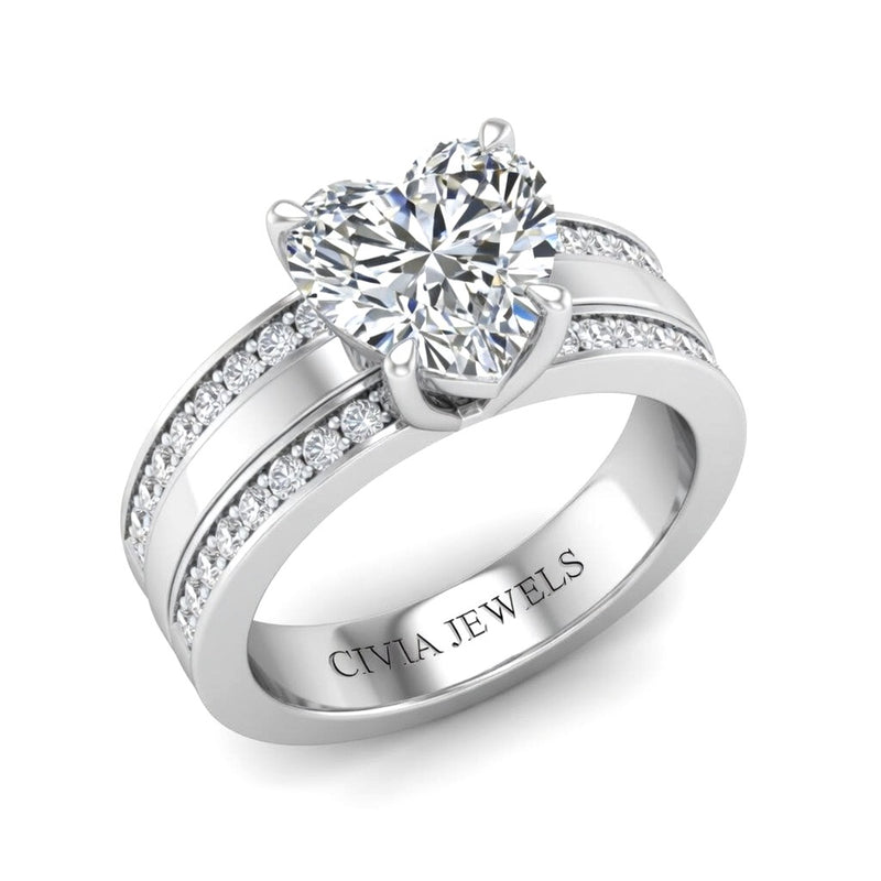 Silver Heart Diamond Multirow Engagement Ring With Four Prong Setting And Pavé Side Bands